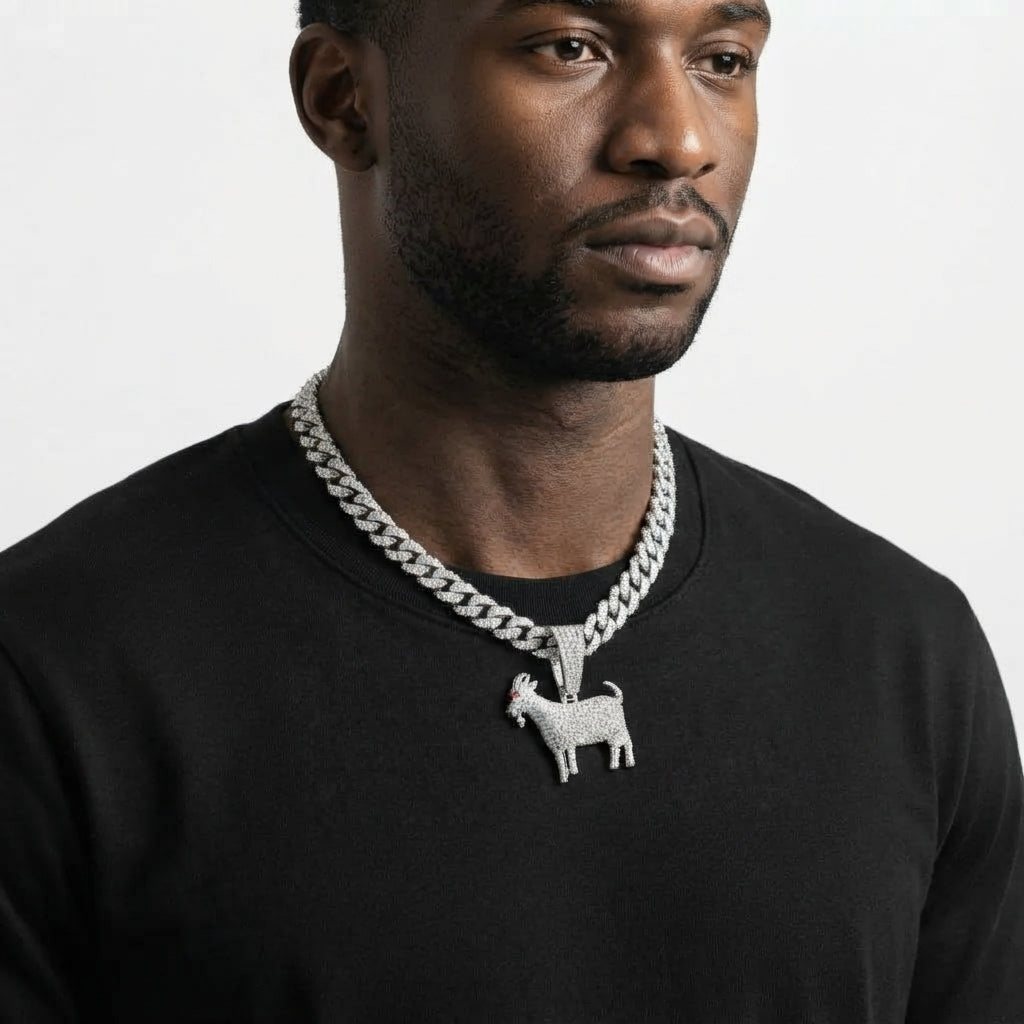 Iced Out Goat Pendant Necklace on Cuban Link Chain – Fully Stone-Set Standing Goat with Red Eye, Horns & Beard | Gold or Silver
