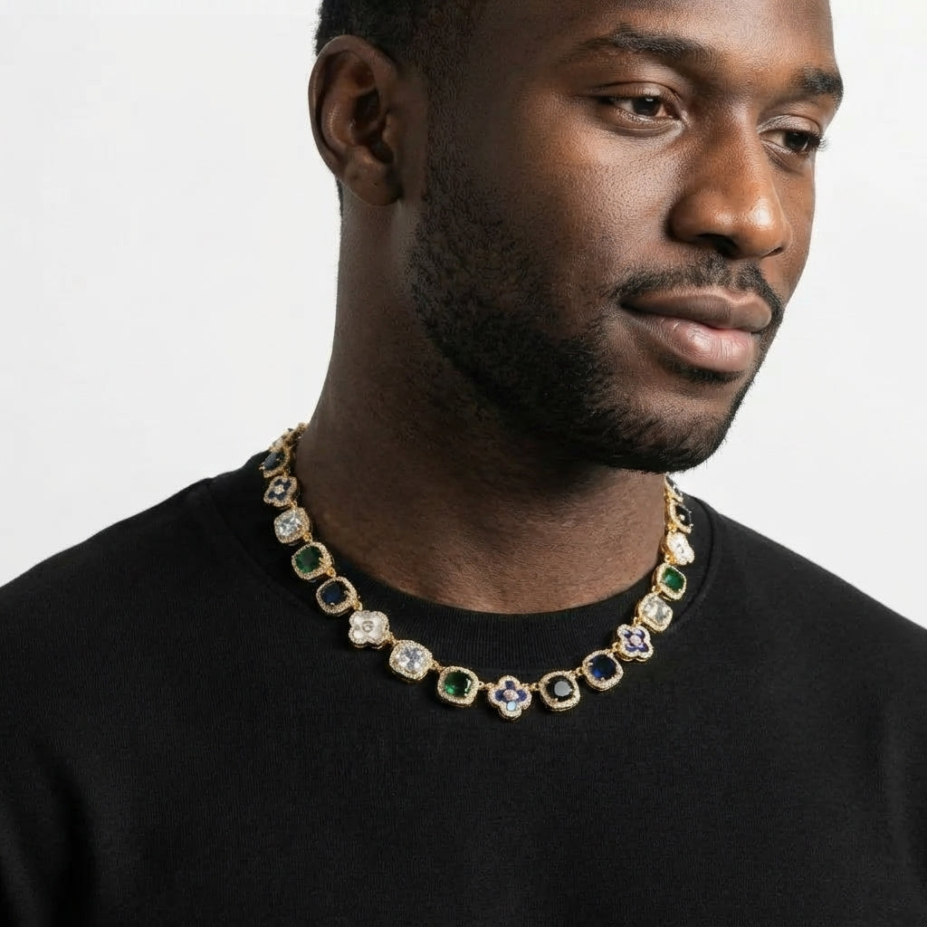 Iced Out Clover Station Link Chain Necklace – Inlaid Clovers Alternating with Halo-Set Colored Stones | Gold or Silver