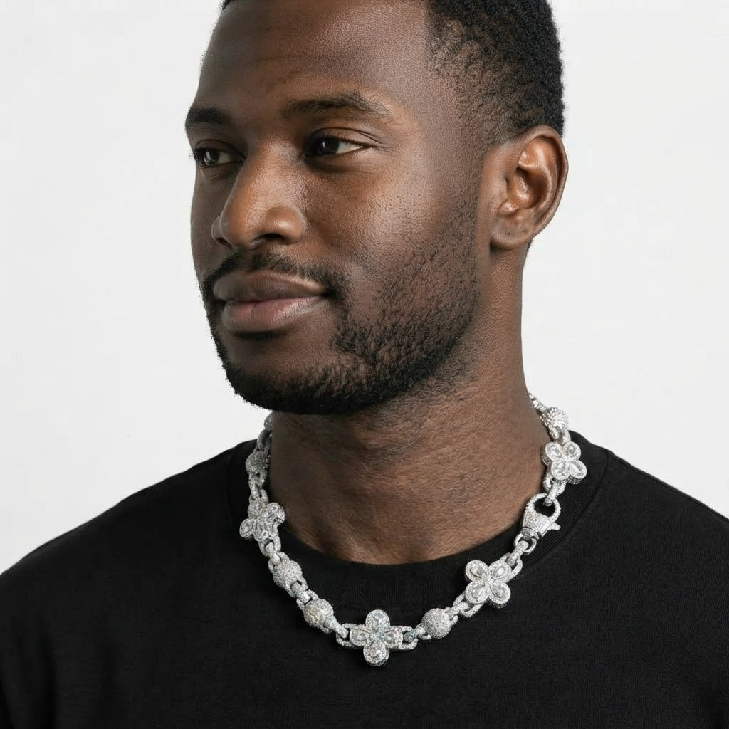 Iced Out Clover Flower Link Chain Necklace – Pear-Stone Clovers with Stone-Set Ball Links | Gold, Silver or Silver/Multicolor