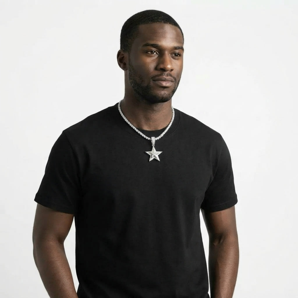 Iced Out Layered Star Pendant Necklace on Tennis Chain – Baguette-Stone Inner Star with Pavé Border | Gold or Silver