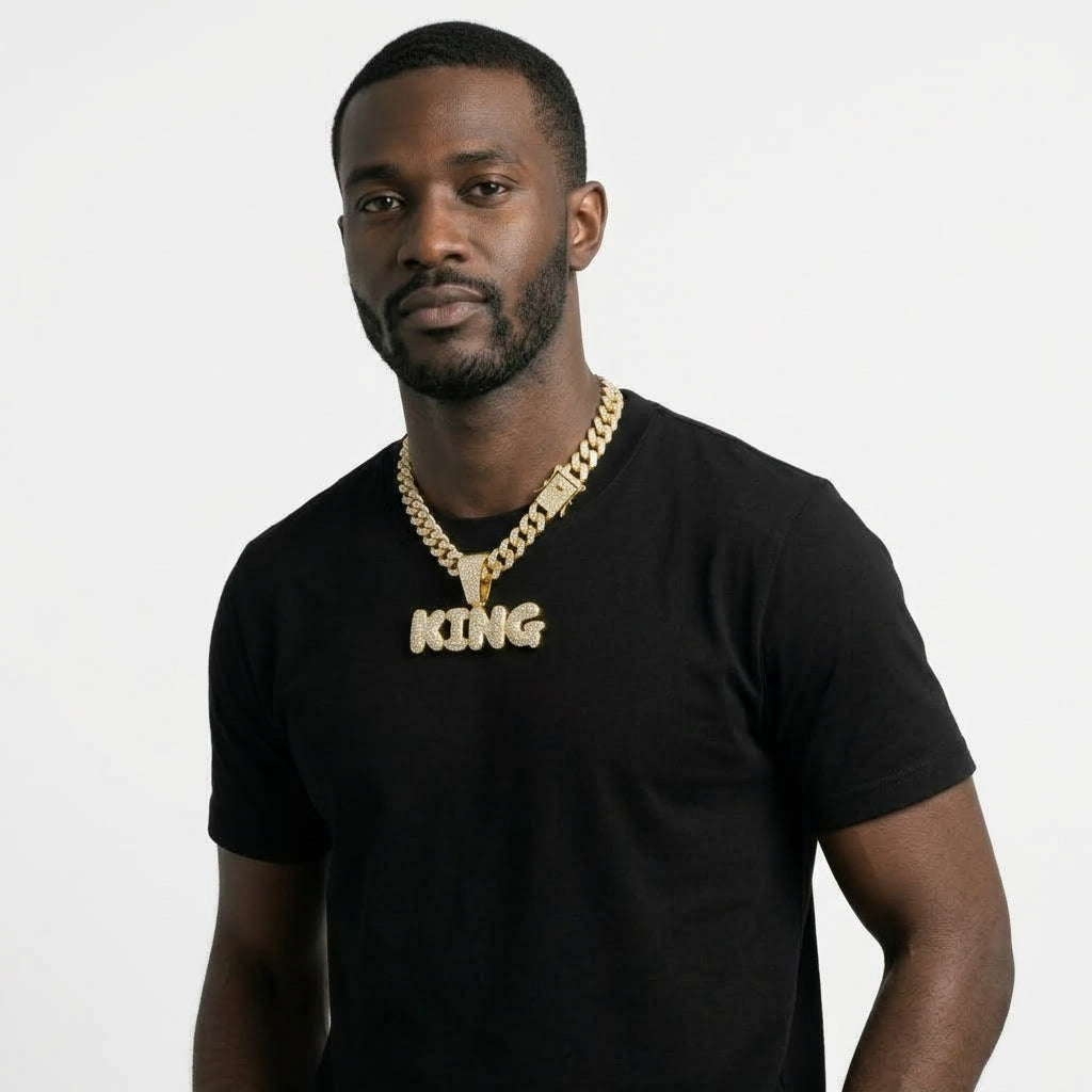 Iced Out KING Pendant Cuban Link Chain – Bubble Letter Necklace with Stone-Set Box Clasp | Silver or Gold