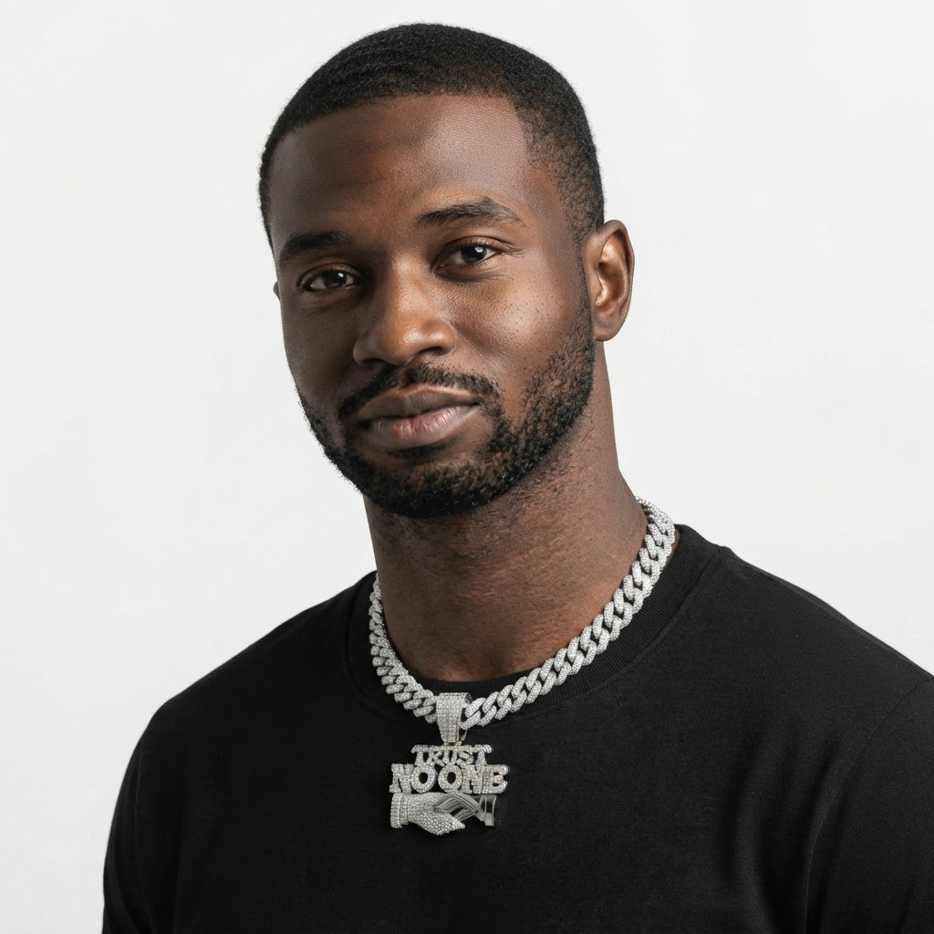 Iced Out TRUST NO ONE Pendant Necklace on Cuban Link Chain – Snake Handshake Design | Gold or Silver