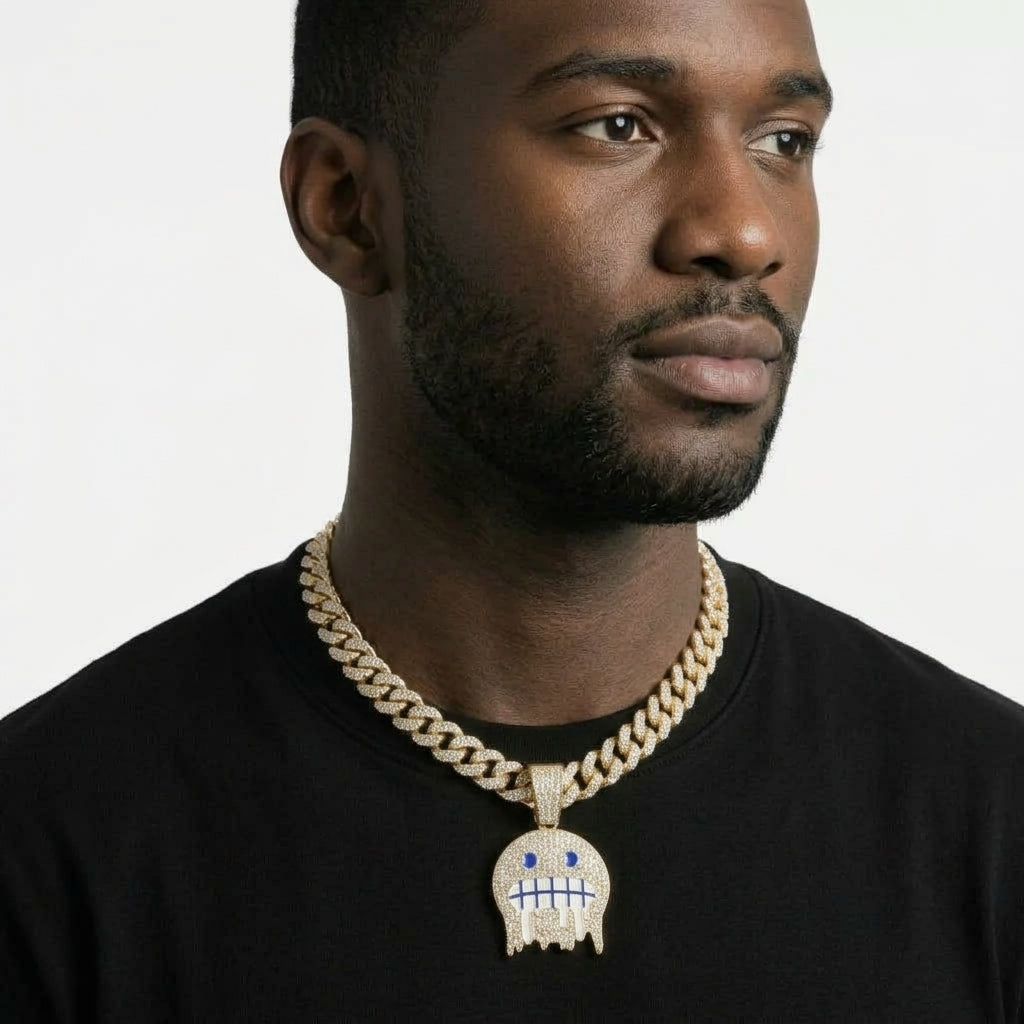 Iced Out Frozen Drip Emoji Pendant Necklace on Cuban Link Chain – Grimacing Face with Blue Enamel Eyes | Gold or Silver