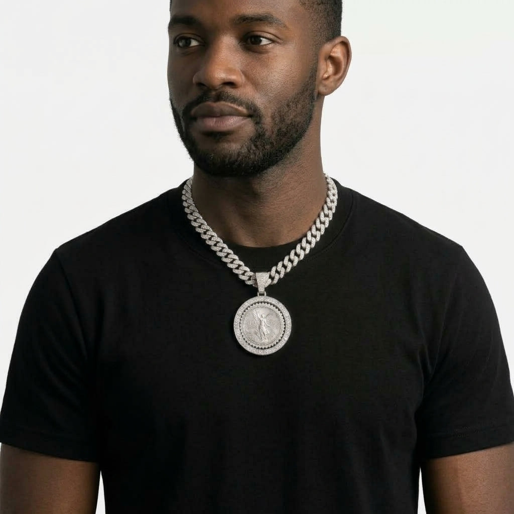 Iced Out Centenario 50 Pesos Coin Pendant Necklace on Cuban Link Chain – Replica Coin in Stone-Set Bezel | Gold or Silver