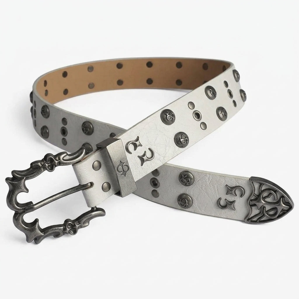 White Y2K Gothic Star Belt – Crackle-Finish Strap with Ornate Antique Silver Buckle, Star Rivets & Grommets