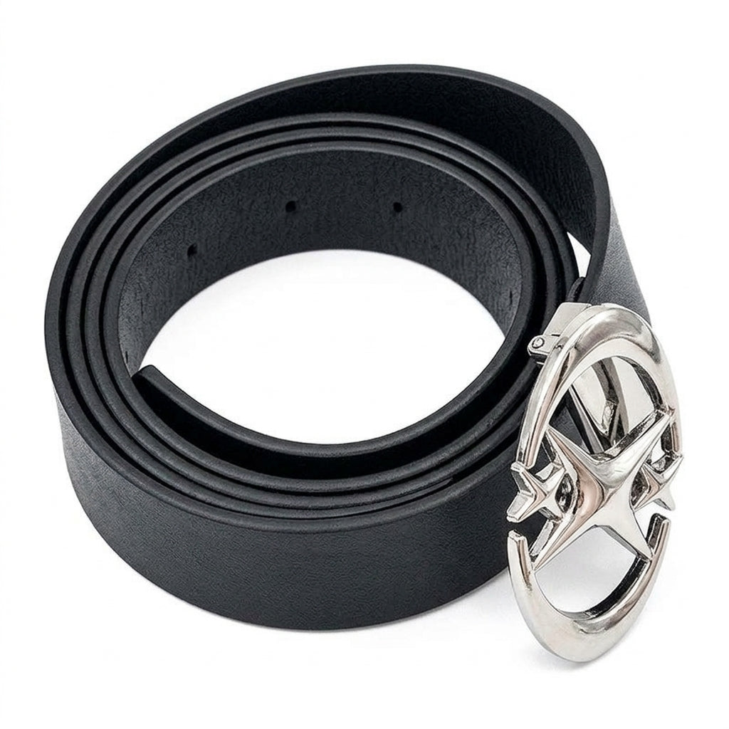 Black Y2K Star Buckle Belt – Polished Silver Oval Plaque with Crossing Four-Point Stars & Smooth Strap