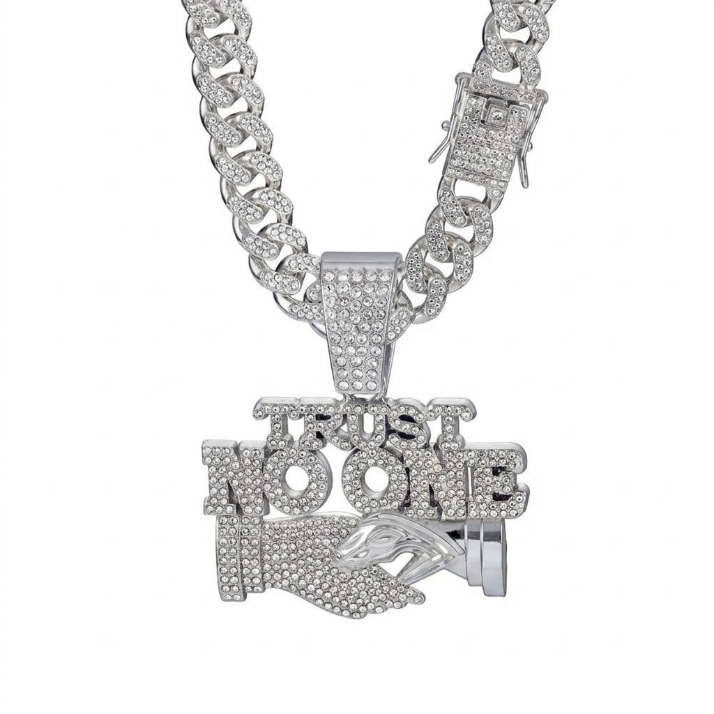 Iced Out TRUST NO ONE Pendant Necklace on Cuban Link Chain – Snake Handshake Design | Gold or Silver