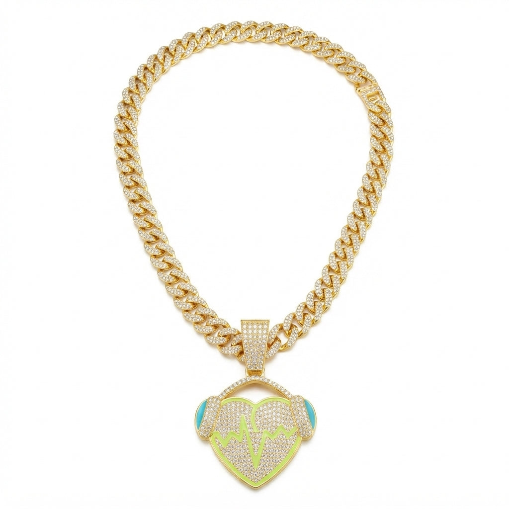Iced Out Heart with Headphones Pendant Necklace on Cuban Link Chain – Green Enamel Heartbeat Line | Silver or Gold