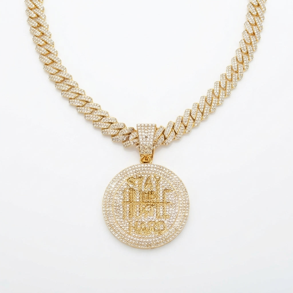 Iced Out Stay Humble Hustle Hard Medallion Pendant on Cuban Link Chain – Round Stone-Set Disc with Polished Lettering | Gold or Silver
