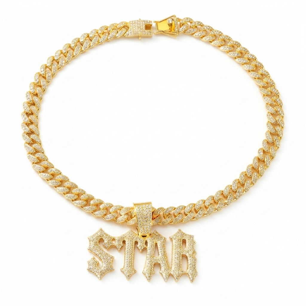 Iced Out STAR Pendant Necklace on Cuban Link Chain – Old English Gothic Letters | Gold or Silver