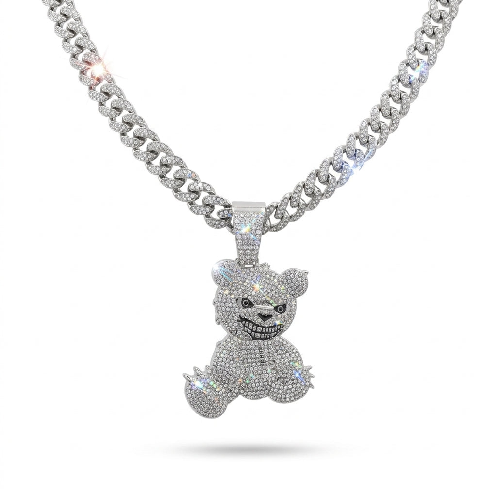 Iced Out Teddy Bear Pendant Necklace – Cuban Link Chain, Gold or Silver