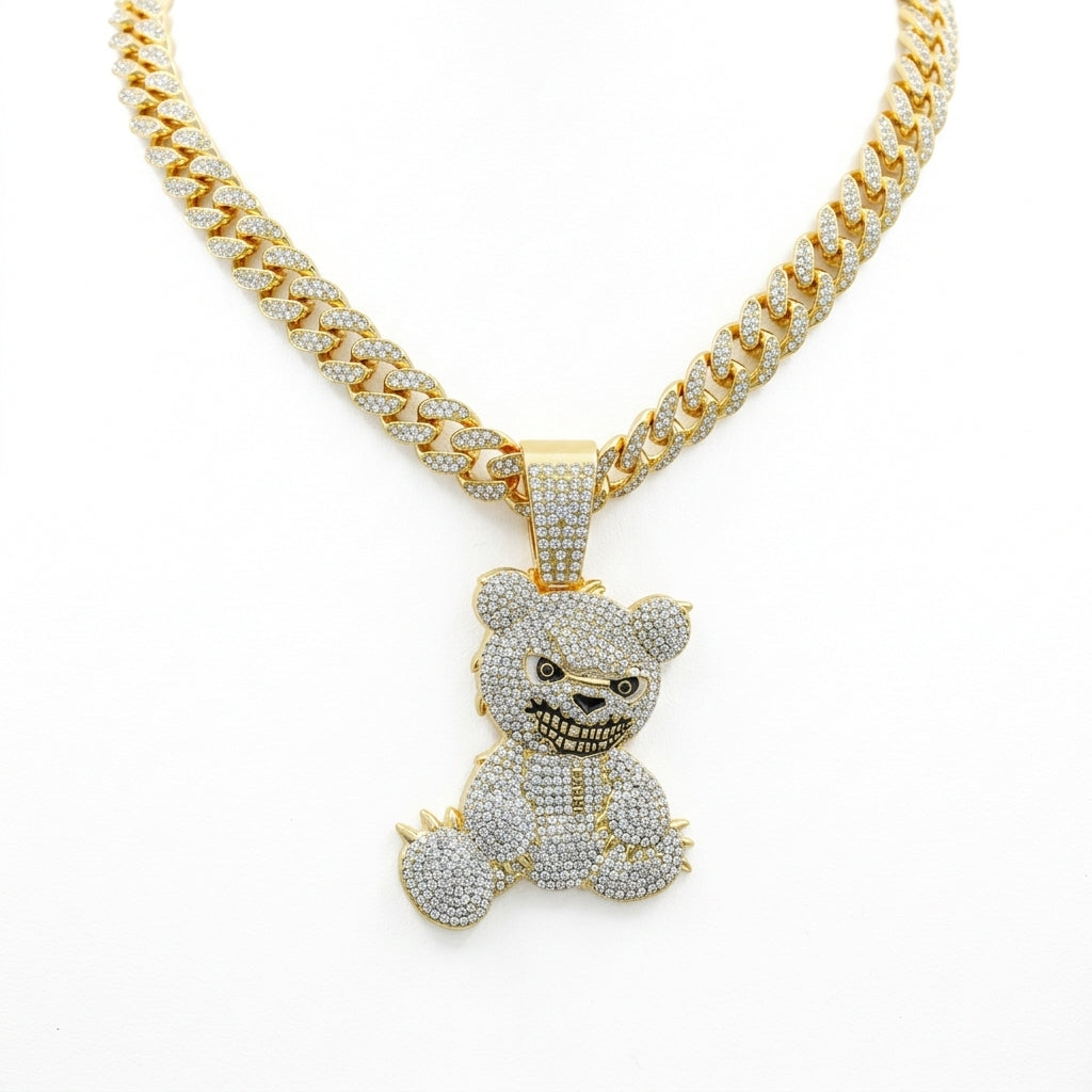 Iced Out Teddy Bear Pendant Necklace – Cuban Link Chain, Gold or Silver