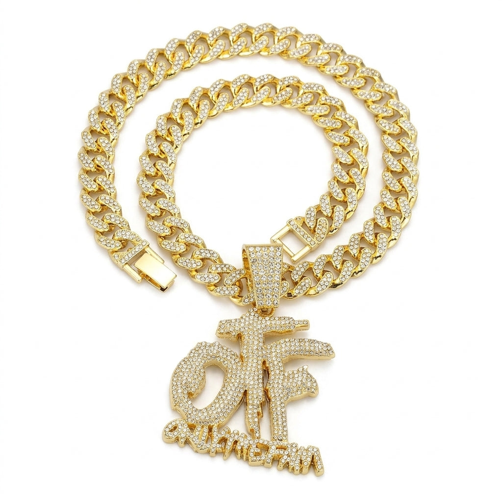 OTF Iced Out Cuban Link Chain Necklace – Only The Family Pendant, Gold or Silver