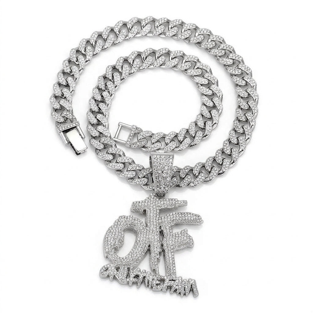 OTF Iced Out Cuban Link Chain Necklace – Only The Family Pendant, Gold or Silver