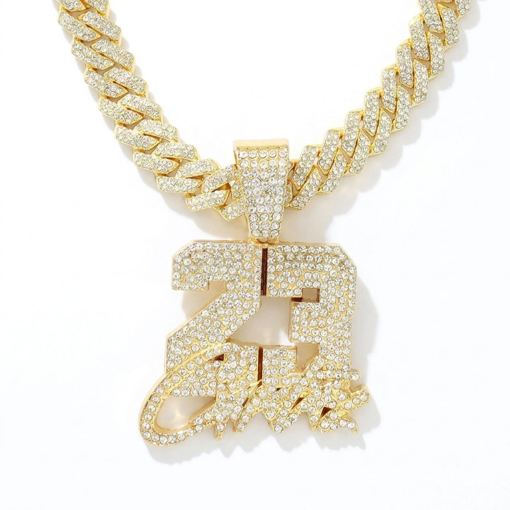Iced Out Number 23 Pendant Necklace on Cuban Link Chain – Block Numerals with Script Lettering | Silver or Gold