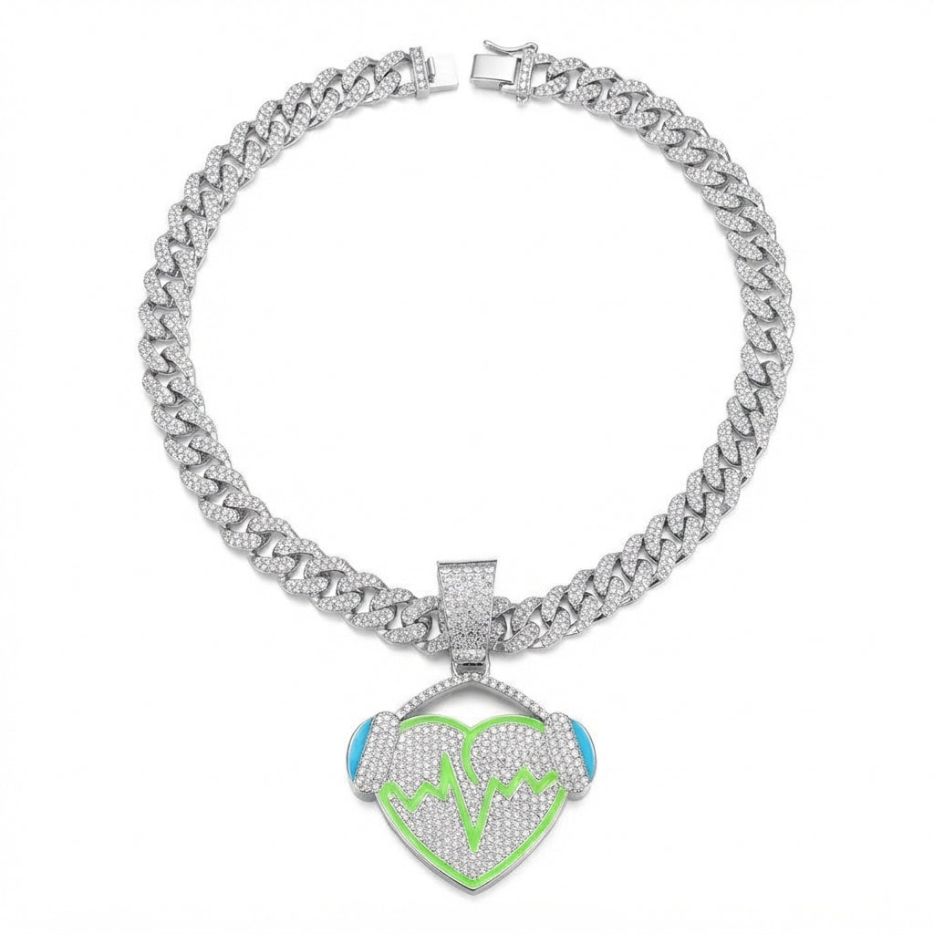 Iced Out Heart with Headphones Pendant Necklace on Cuban Link Chain – Green Enamel Heartbeat Line | Silver or Gold