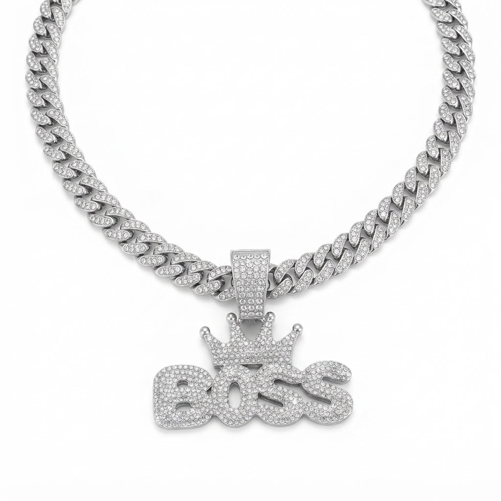 Iced Out Crowned BOSS Pendant Necklace on Cuban Link Chain – Puffy Bubble Letters with Stone-Set Crown | Gold or Silver