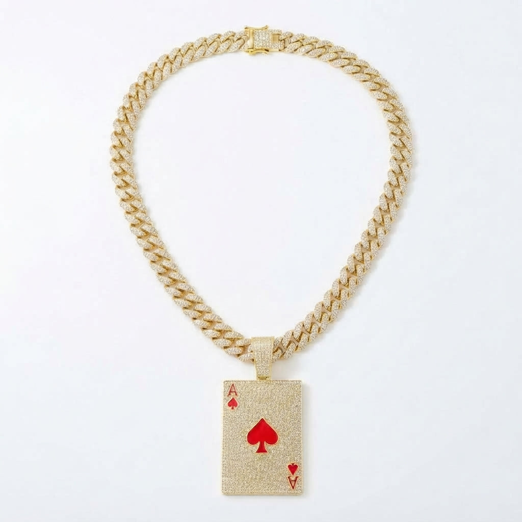 Iced Out Ace of Spades Playing Card Pendant Necklace on Cuban Link Chain – Red Enamel Spade | Silver or Gold