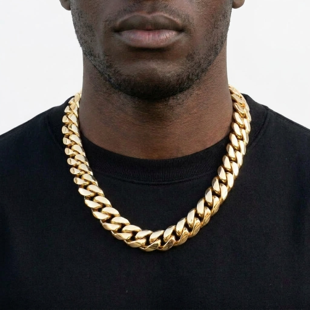 22mm Gold Cuban Link Chain Necklace – Polished Flat Interlocking Links