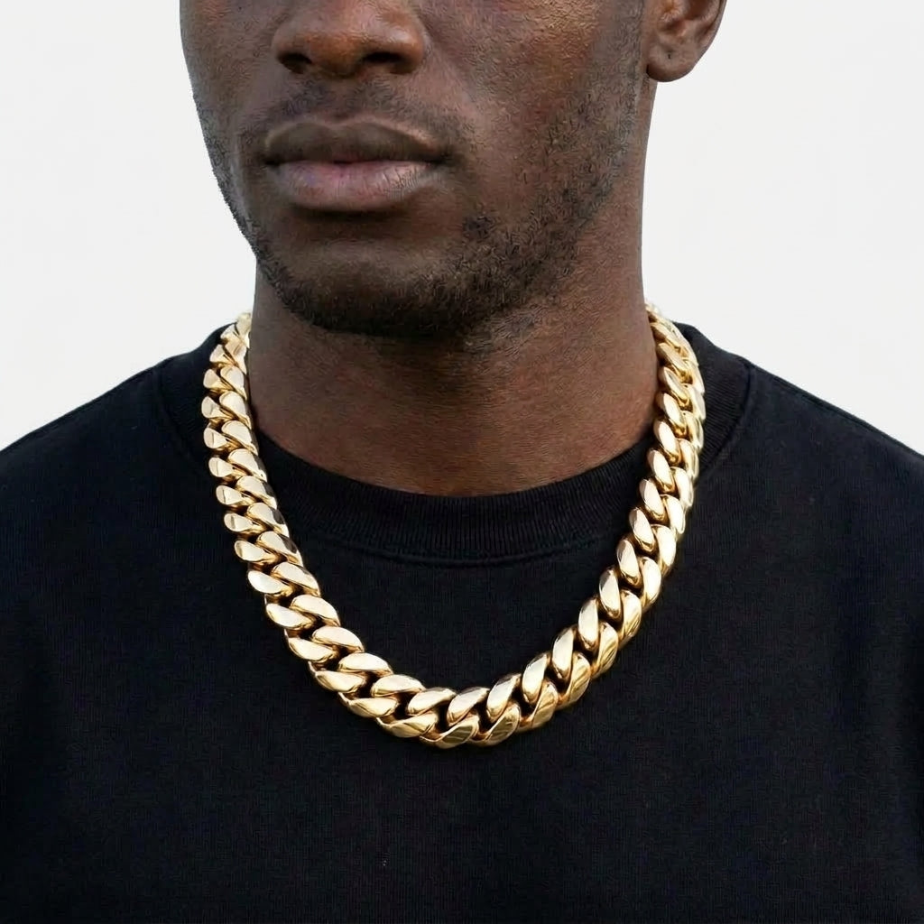 20mm Gold Cuban Link Chain Necklace – Polished Flat Interlocking Links
