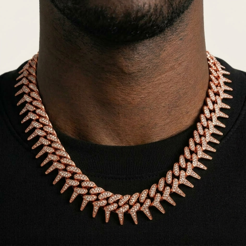 Iced Out Spiked Cuban Link Chain Necklace – Pointed Spike Links, Fully Stone-Set | Gold or Silver