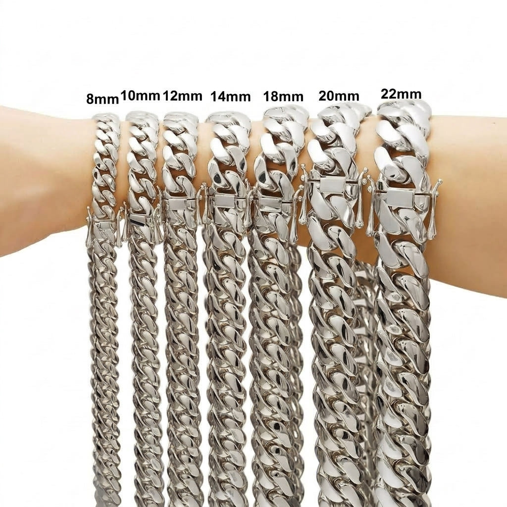 Miami Cuban Link Chain Necklace – Bold Beveled Silver Links, 8mm to 22mm