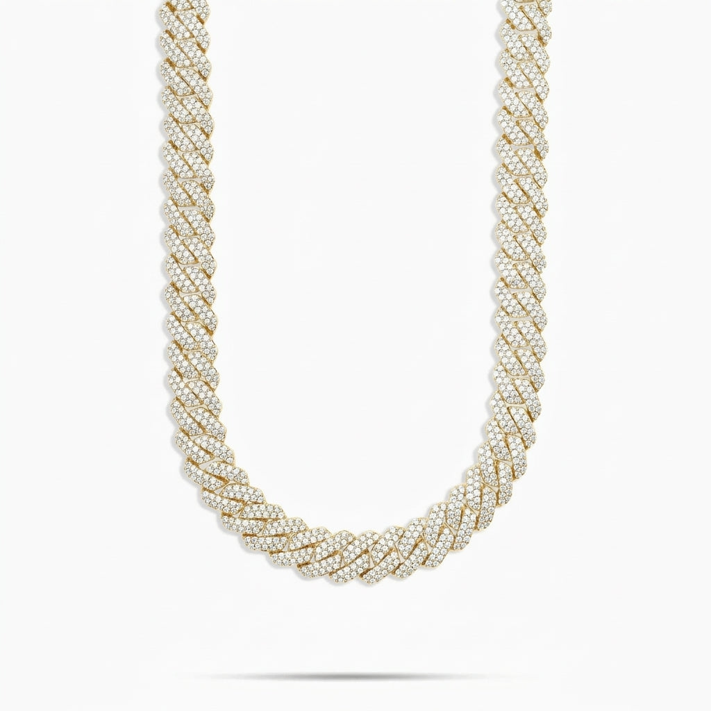 14mm Iced Out Prong-Set Cuban Link Chain Necklace, Gold or Silver