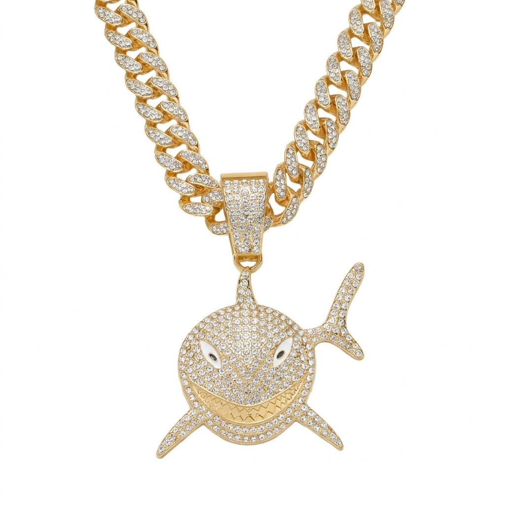 Iced Out Shark Pendant Necklace on Cuban Link Chain – Grinning Shark with Enamel Eyes & Stone-Set Fins | Silver or Gold