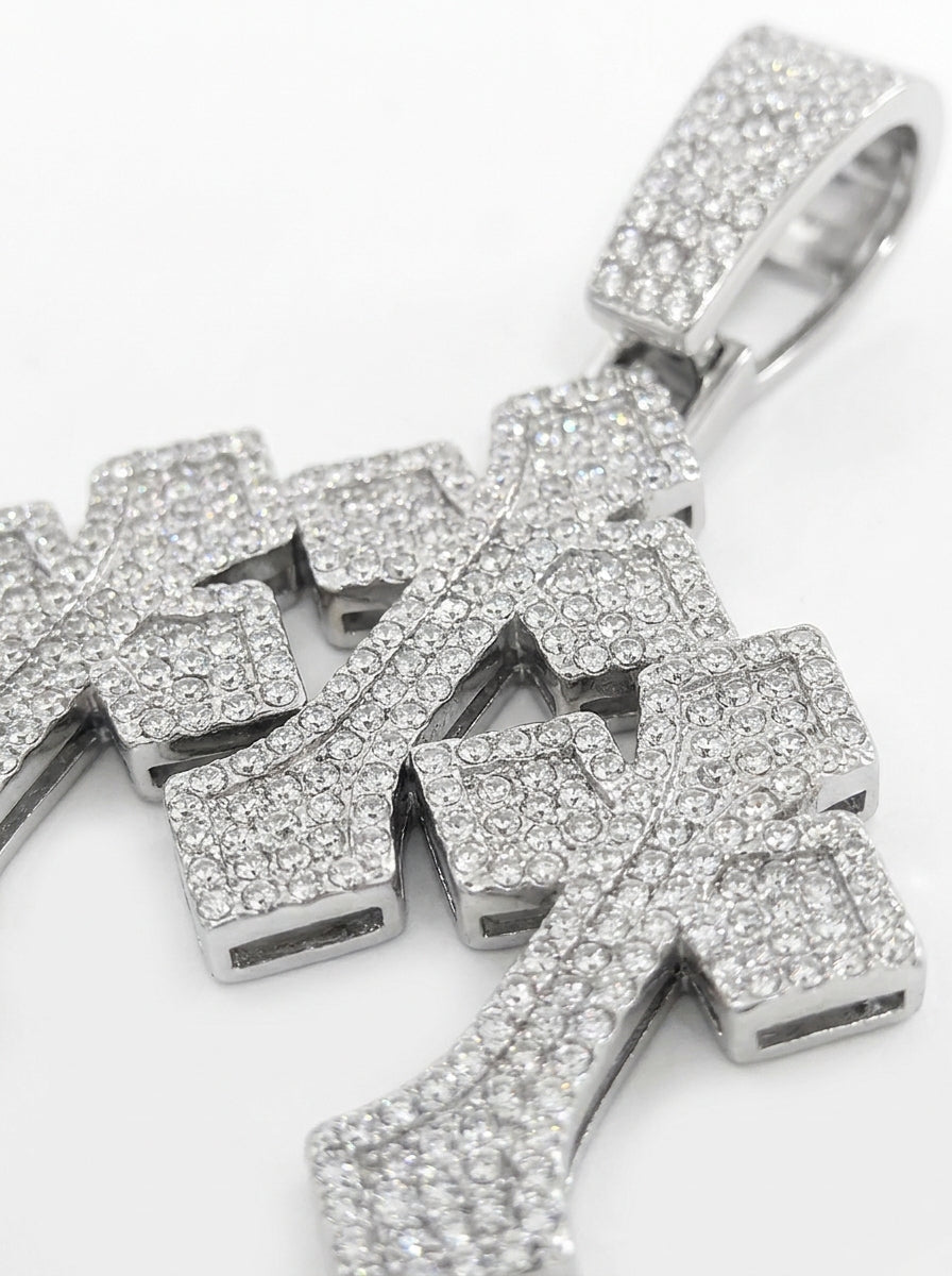 Iced Out Triple Cross Pendant – Three Stacked Crosses with Notched Arms, Fully Stone-Set, Religious Jewelry | Silver