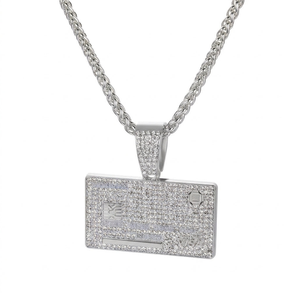 Iced Out Credit Card Pendant Necklace on Wheat Chain – Stone-Covered Bank Card Design | Silver or Gold