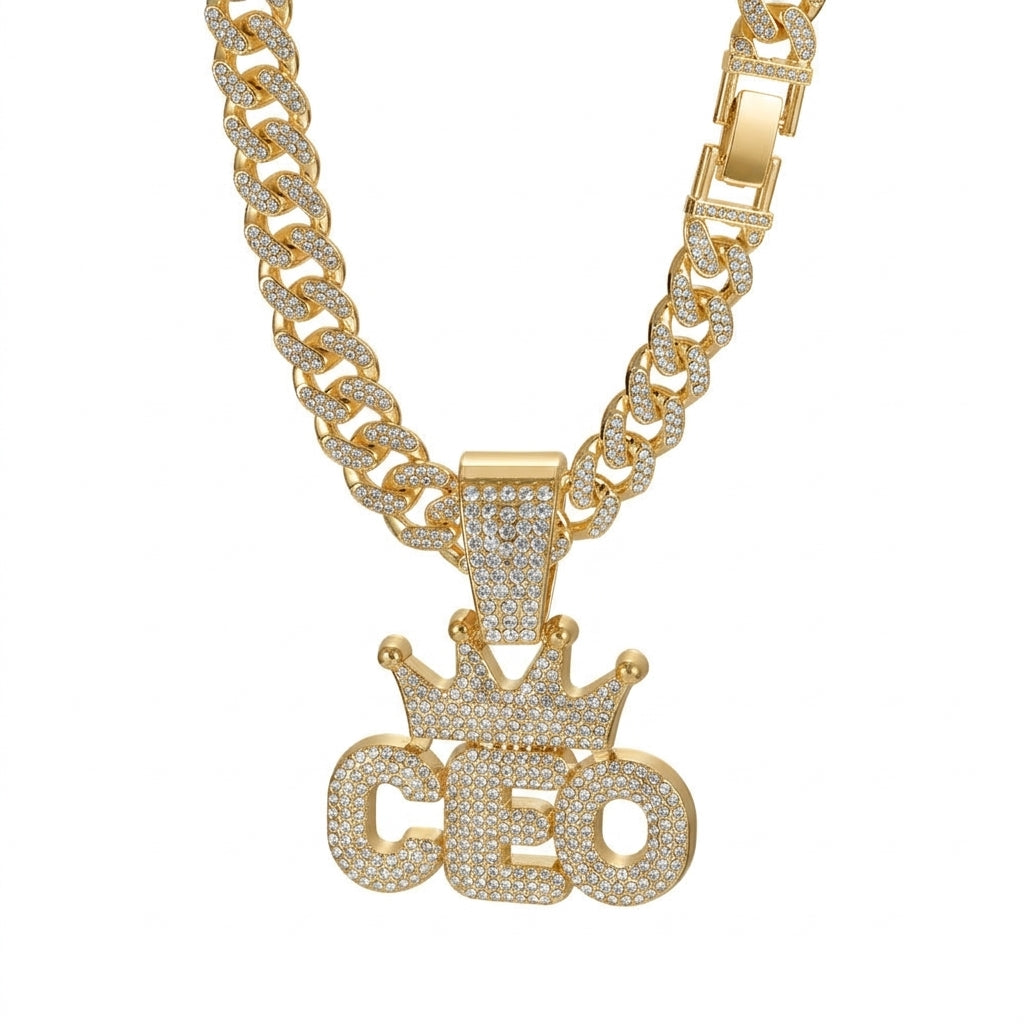 Iced Out Crowned CEO Pendant Necklace on Cuban Link Chain – Rounded Block Letters with Stone-Set Crown | Silver or Gold
