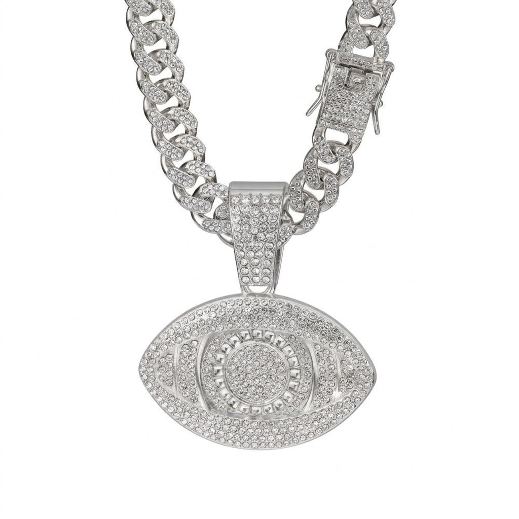 Iced Out Evil Eye Pendant Necklace on Cuban Link Chain – Almond-Shaped Eye with Baguette-Stone Iris Ring | Gold or Silver