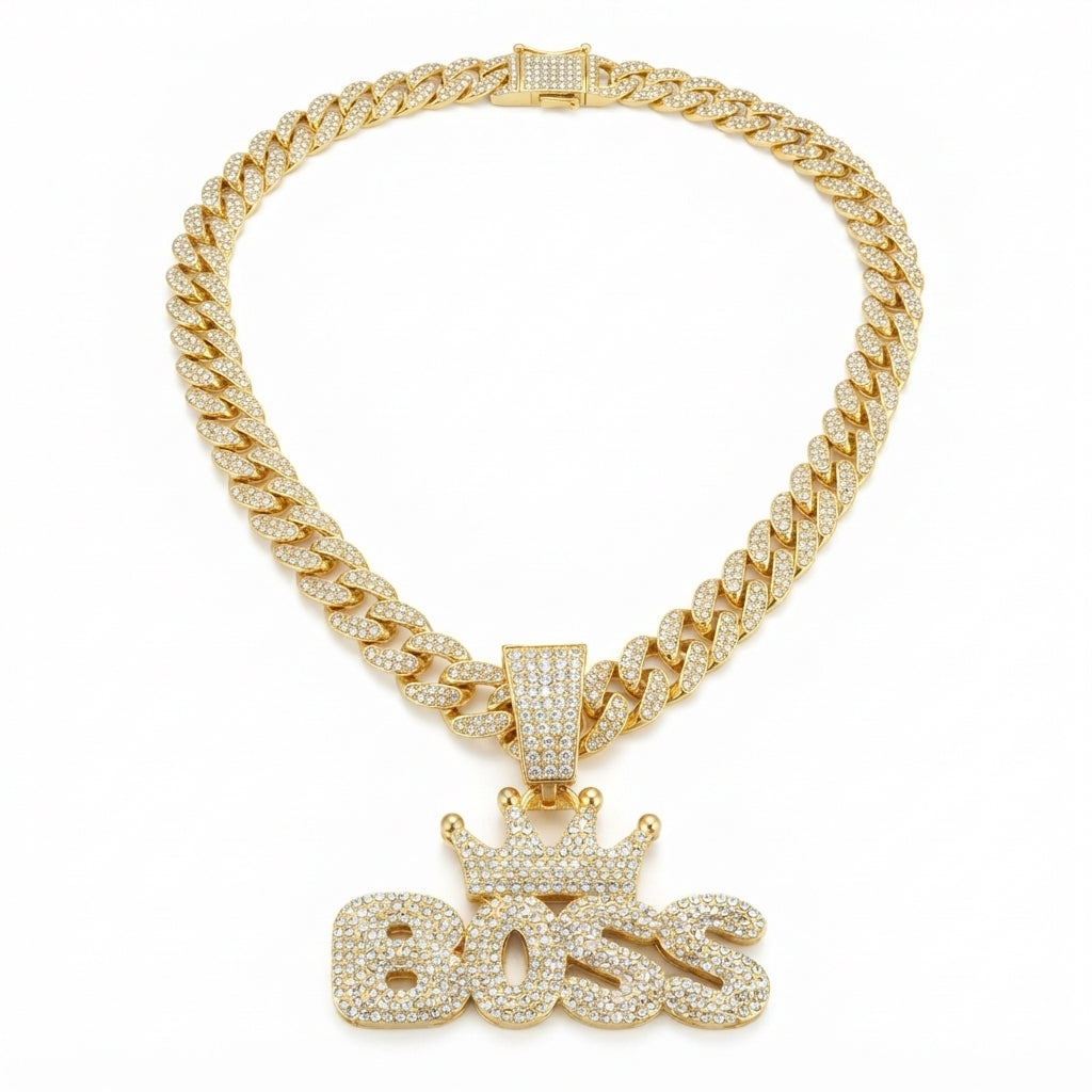 Iced Out Crowned BOSS Pendant Necklace on Cuban Link Chain – Puffy Bubble Letters with Stone-Set Crown | Gold or Silver