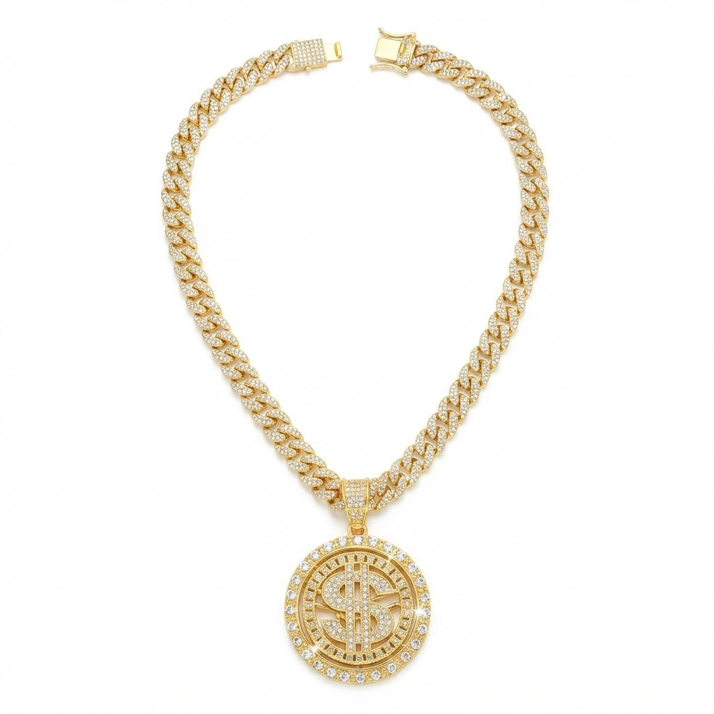 Iced Out Dollar Sign Medallion Pendant Necklace on Cuban Link Chain – Round Stone-Set Frame | Silver or Gold