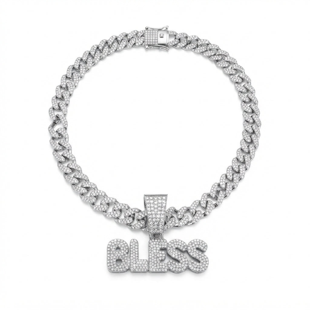 Iced Out BLESS Pendant Necklace on Cuban Link Chain – Bold Bubble Letters | Gold or Silver