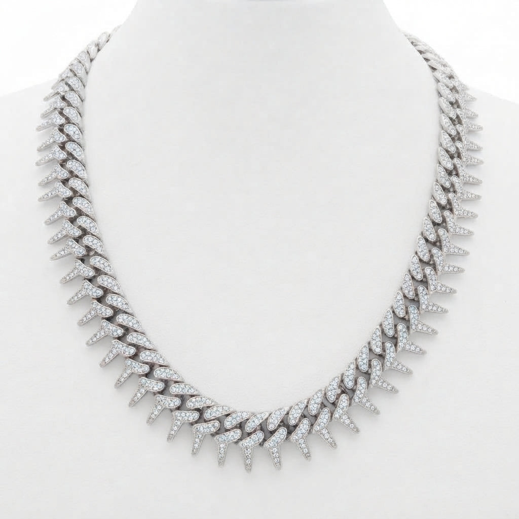 Iced Out Spiked Cuban Link Chain Necklace – Pointed Spike Links, Fully Stone-Set | Gold or Silver