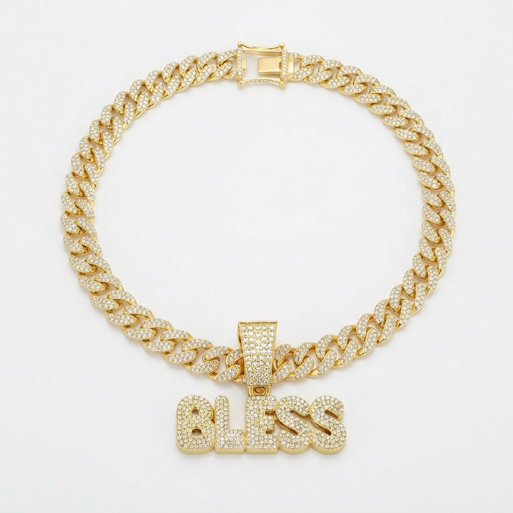 Iced Out BLESS Pendant Necklace on Cuban Link Chain – Bold Bubble Letters | Gold or Silver