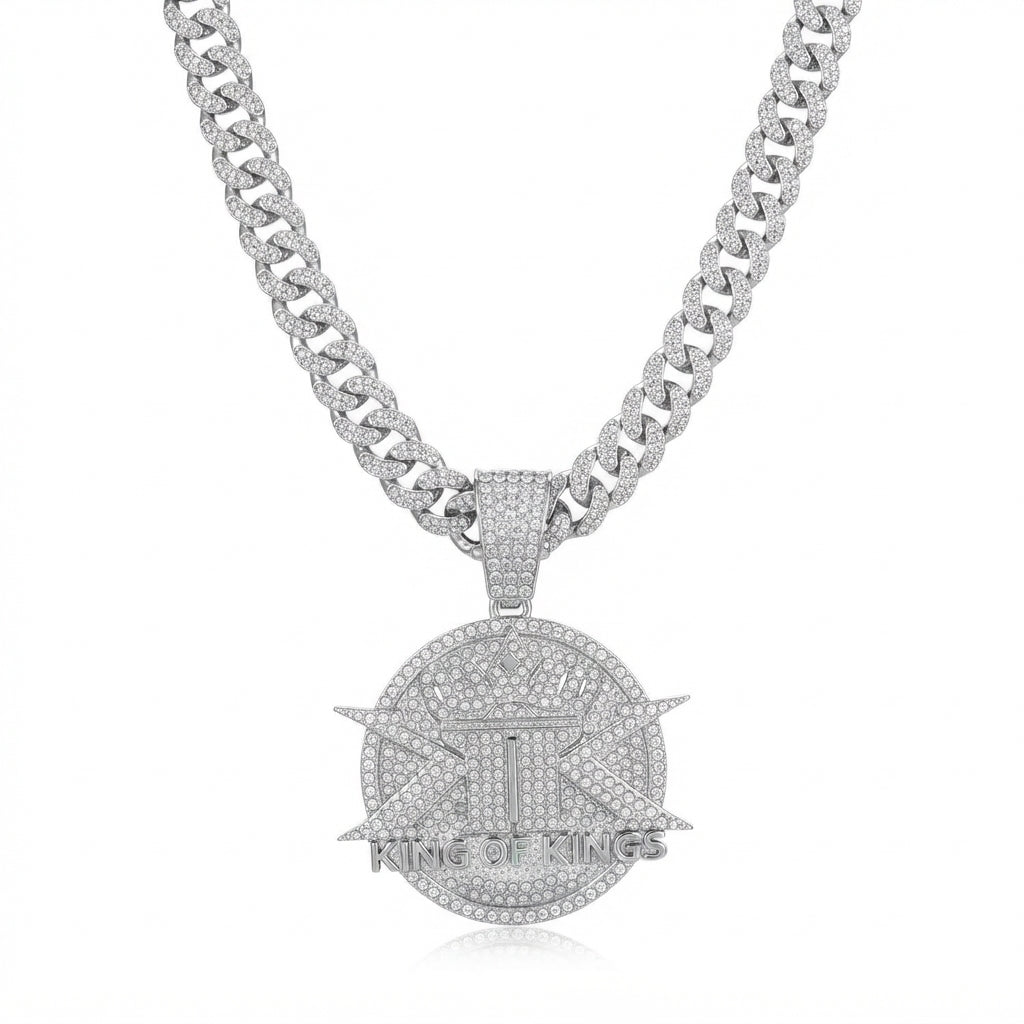 Iced Out King of Kings Medallion Pendant Necklace on Cuban Link Chain – Crowned Double-K Emblem, Religious Jewelry | Silver or Gold