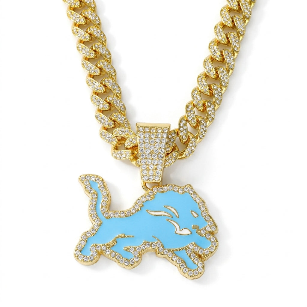 Detroit Lions Iced Out Pendant Necklace on Cuban Link Chain – Light Blue Enamel Leaping Lion with Stone-Set Border | Gold or Silver
