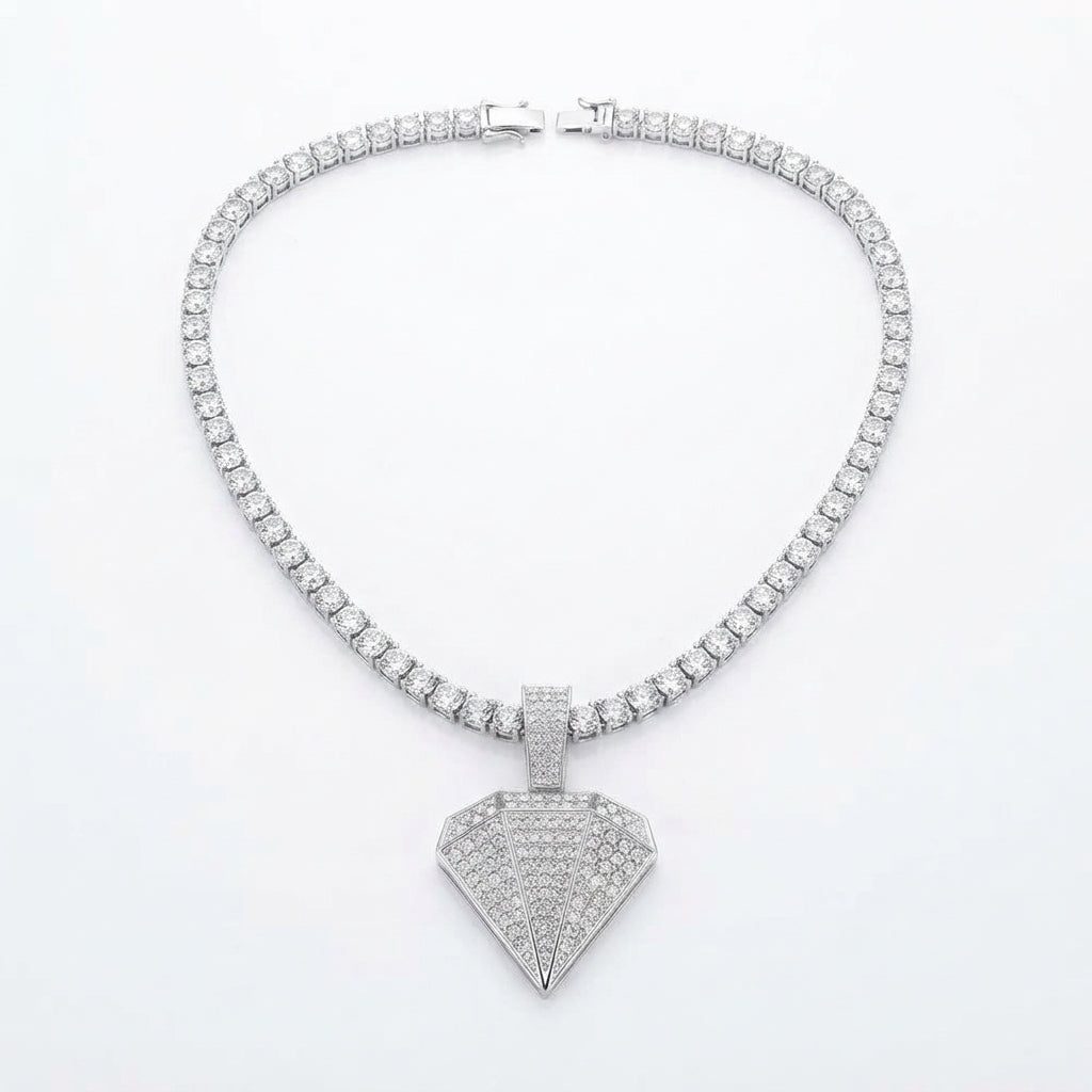 Iced Out Diamond-Shaped Pendant Necklace on Tennis Chain – Faceted Gem Design | Gold or Silver