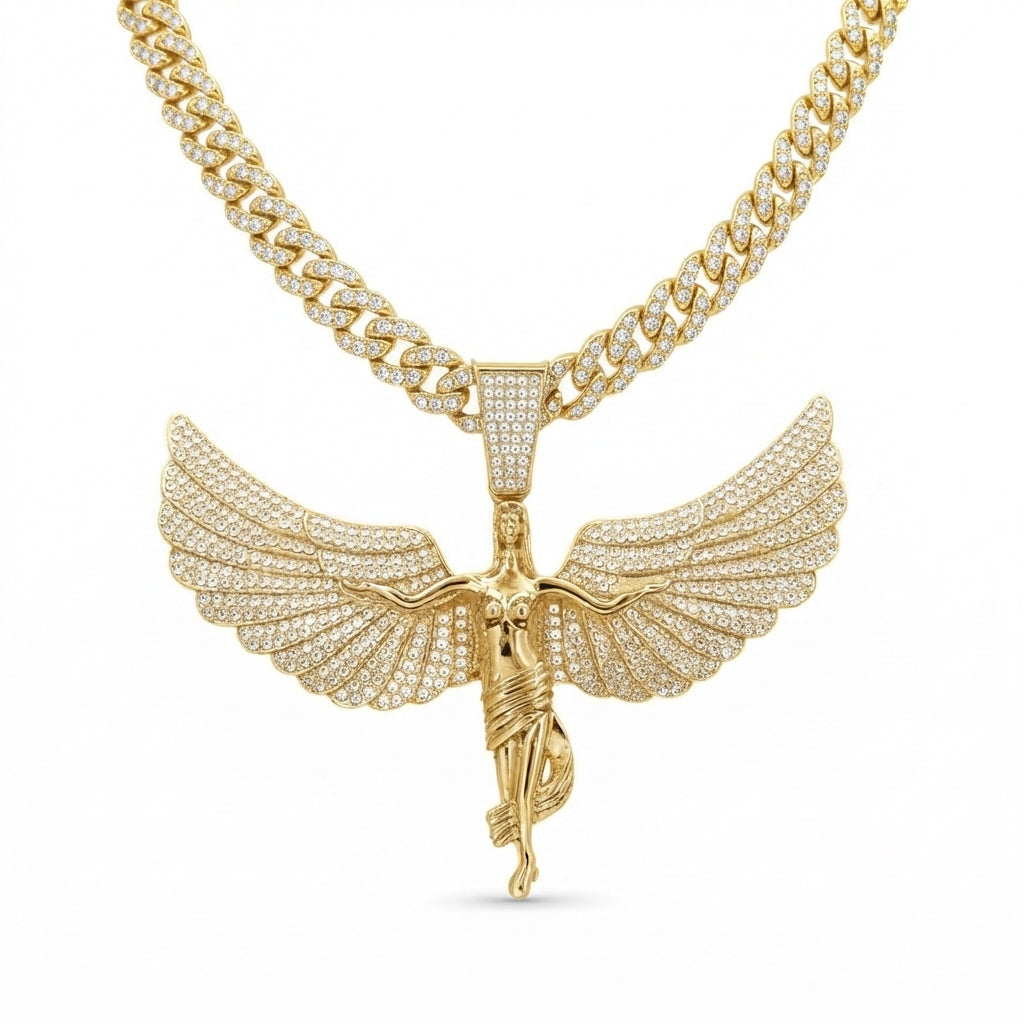 Iced Out Winged Angel Pendant Necklace on Cuban Link Chain – Polished Draped Figure with Stone-Set Wings | Gold or Silver