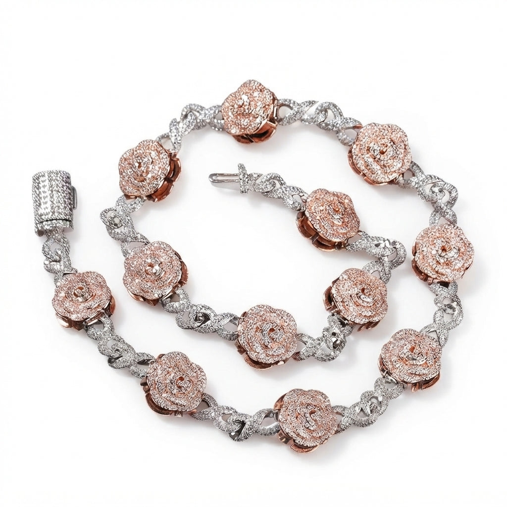 Iced Out Rose Flower Link Chain Necklace – Layered-Petal Roses with Stone-Set Infinity Links | Silver/Rose Gold or Silver