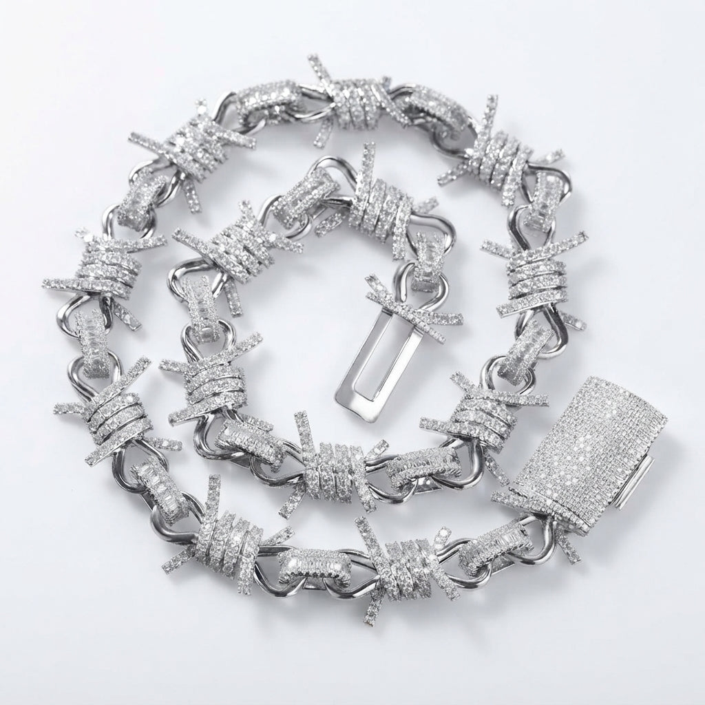 Barbed Wire Chain Necklace – Iced Out Clear Stone Thorn Link Design, Silver & Gold