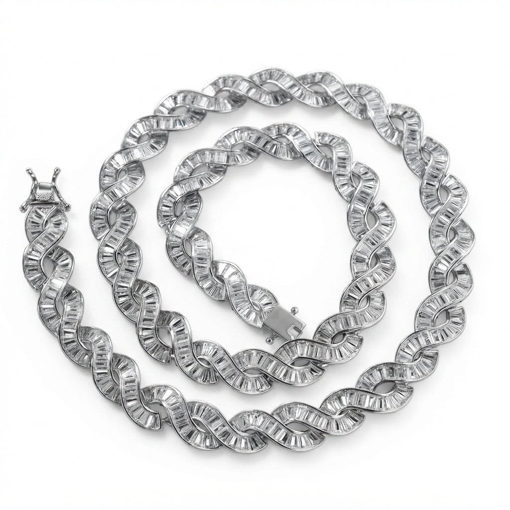 Iced Out Baguette Infinity Link Chain Necklace – Interlocking Figure-8 Links, Fully Stone-Set | Gold or Silver