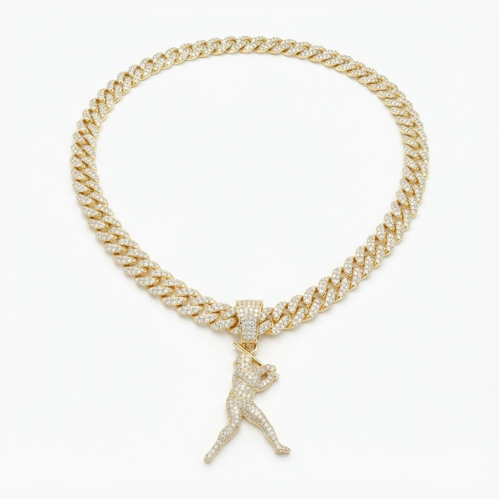 Iced Out Baseball Player Pendant Necklace on Cuban Link Chain – Batter with Bat Over Shoulder | Gold or Silver