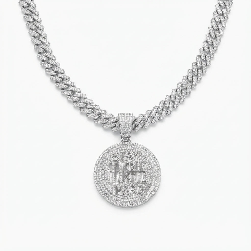 Iced Out Stay Humble Hustle Hard Medallion Pendant on Cuban Link Chain – Round Stone-Set Disc with Polished Lettering | Gold or Silver