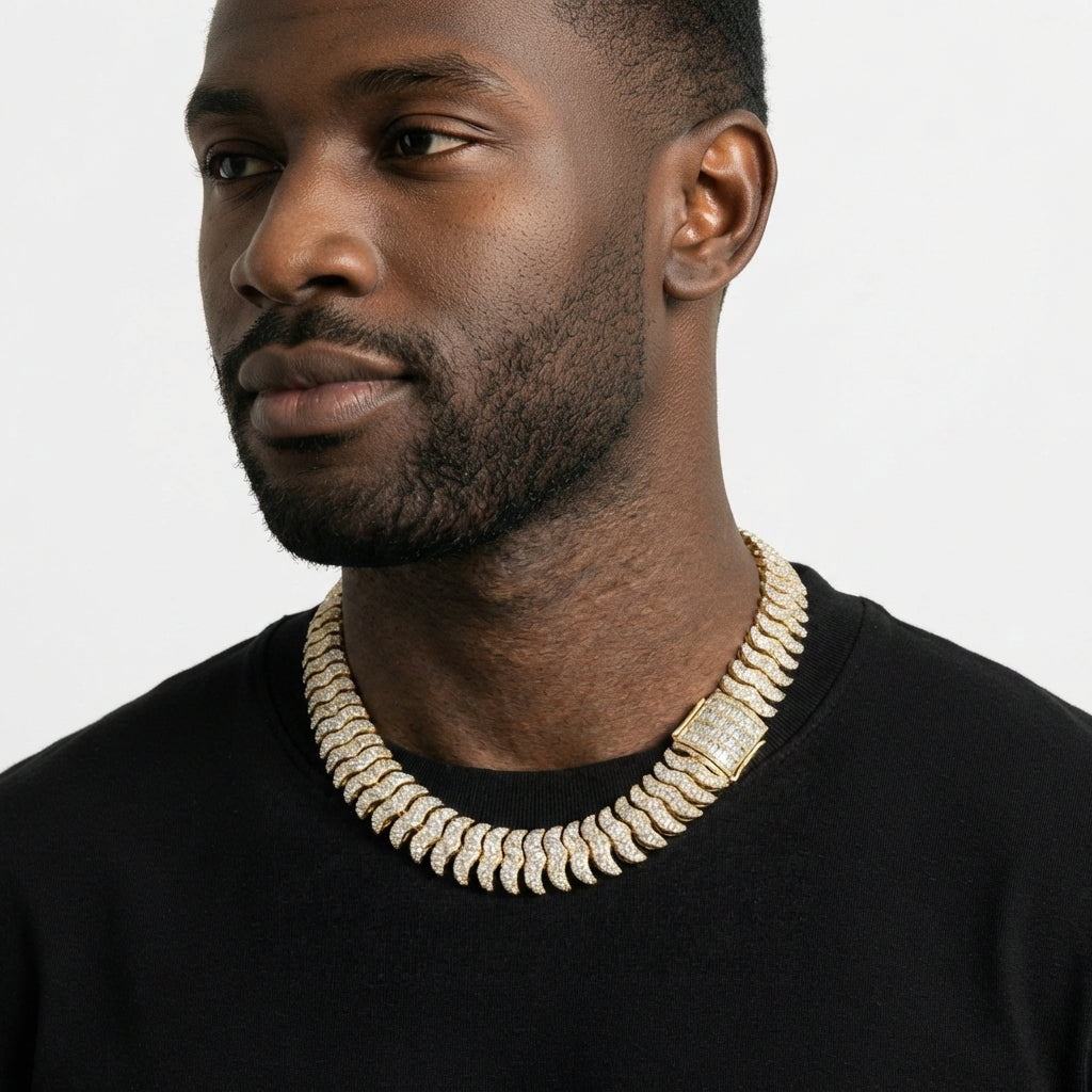 Iced Out Wave Link Chain Necklace – Stacked S-Curve Links with Baguette-Stone Box Clasp | Gold or Silver