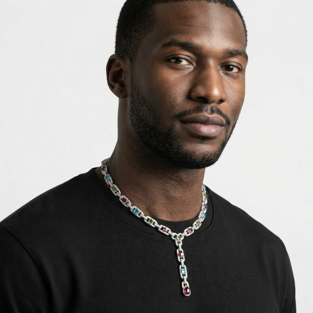 Iced Out Multicolor Y-Drop Link Chain Necklace – Stone-Set Mariner-Style Links with Red Pear-Shaped Drop | Gold or Silver
