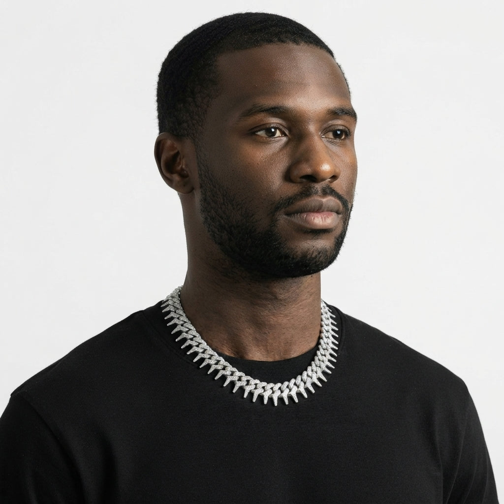 Iced Out Spiked Cuban Link Chain Necklace – Pointed Spike Links, Fully Stone-Set | Gold or Silver