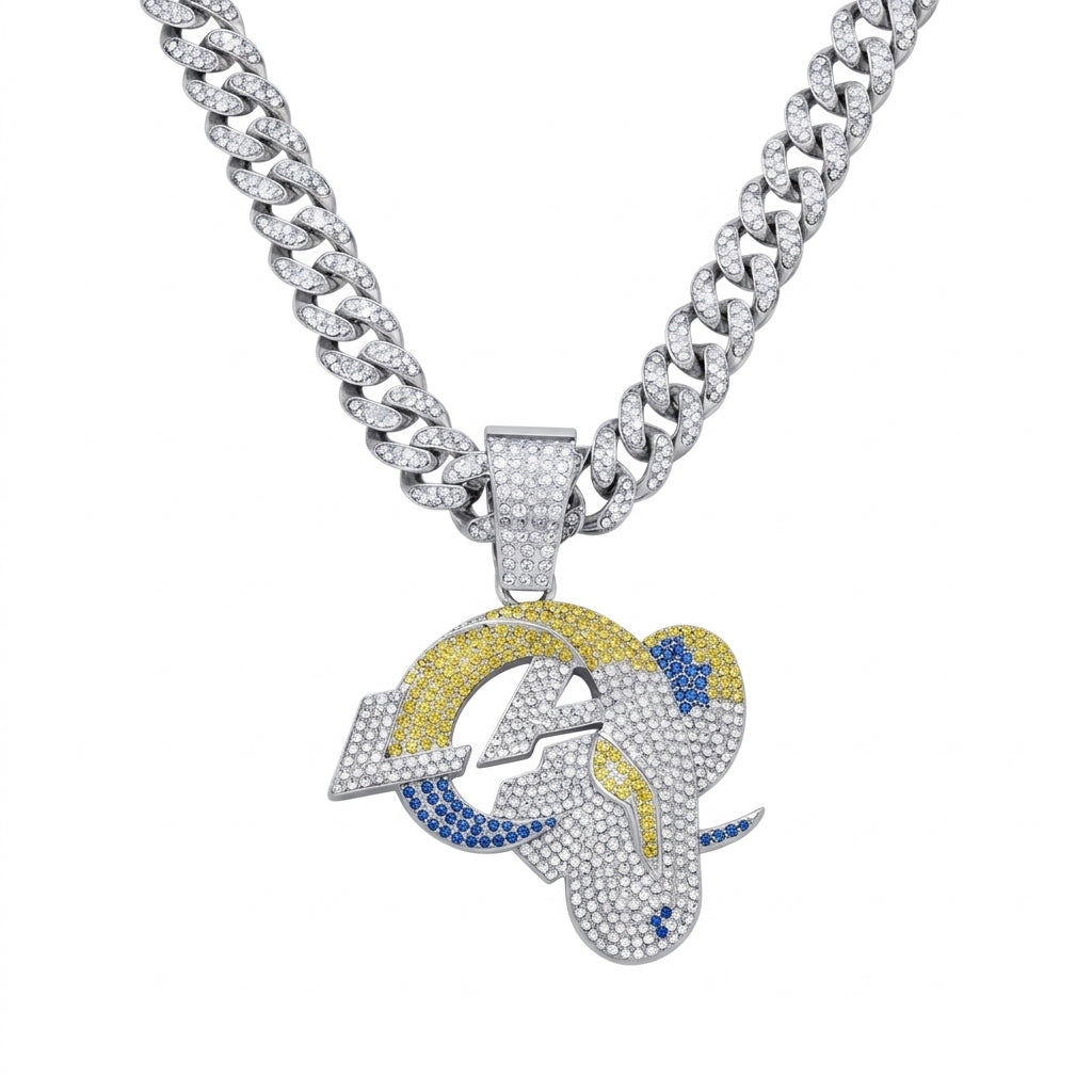Los Angeles Rams Iced Out Pendant Necklace on Cuban Link Chain – Blue & Yellow Stone LA Ram Horn Logo | Gold or Silver